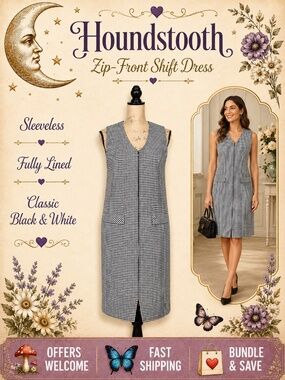 Sag Harbor Houndstooth Shift Dress Zip‑Front Sleeveless Size 4